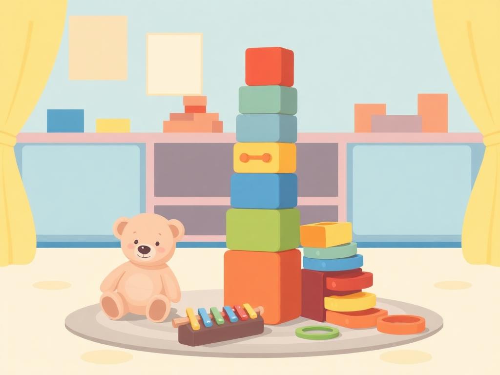 Illustration of colorful wooden blocks and toys on a classroom rug
