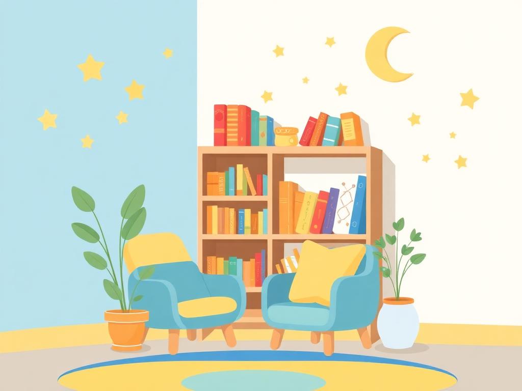 Illustration of a cozy daycare reading corner with bookshelves and soft armchairs
