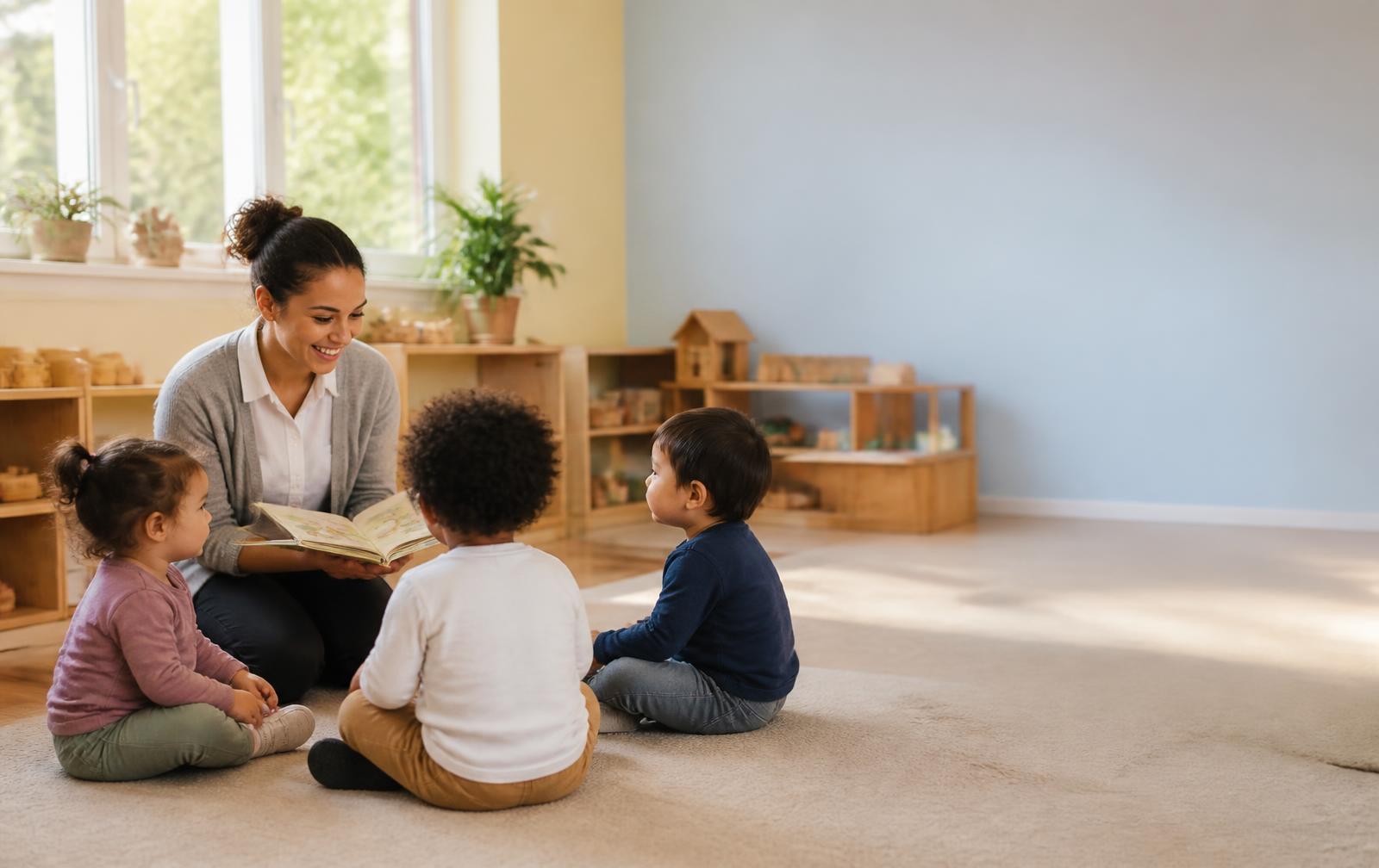 A teacher sitting at children's eye level reading a picture book to a small group of young children in a bright, sunlit classroom