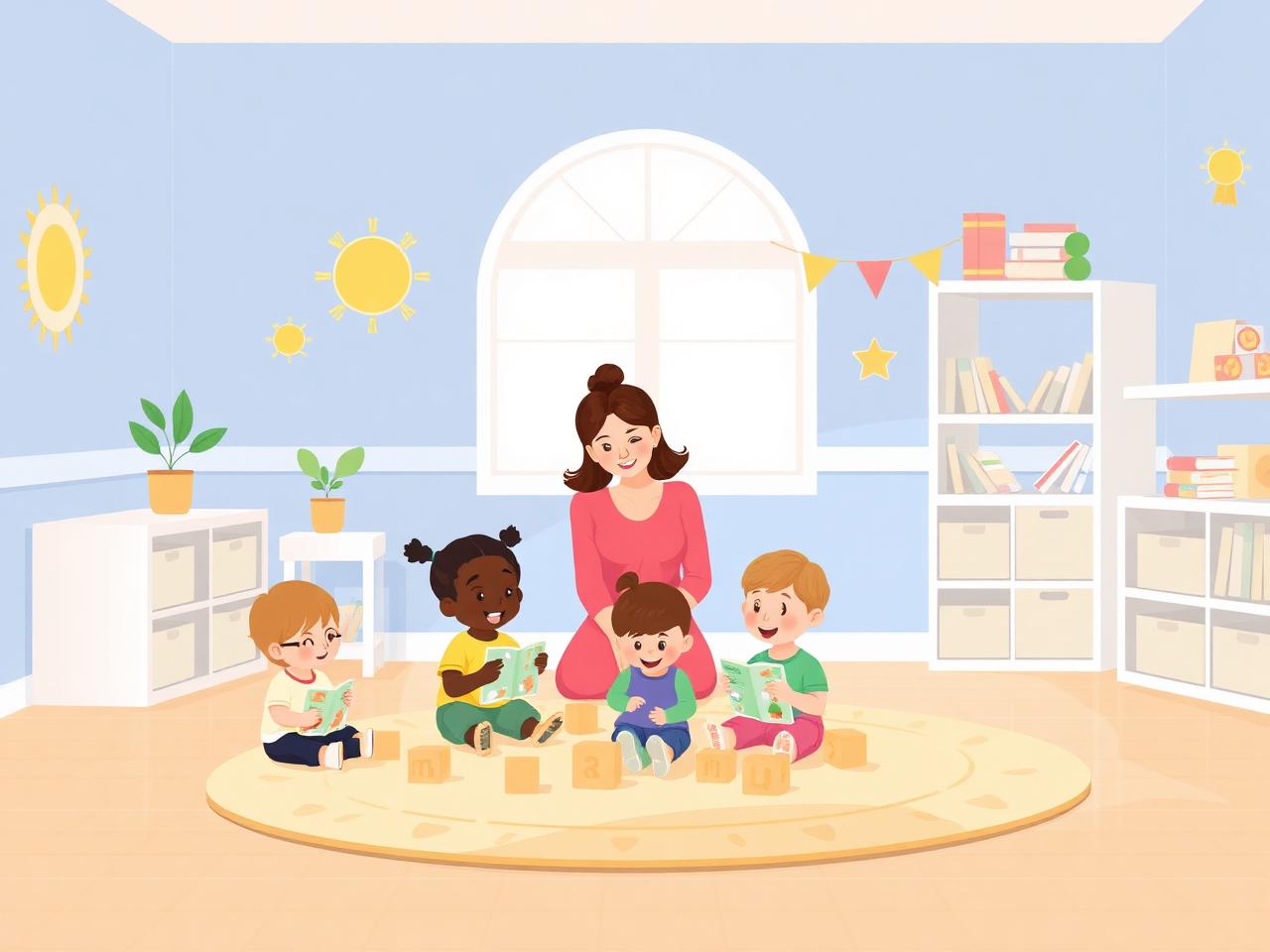 Illustration of a warm IBC Daycare classroom where a teacher reads and plays with a small group of happy children